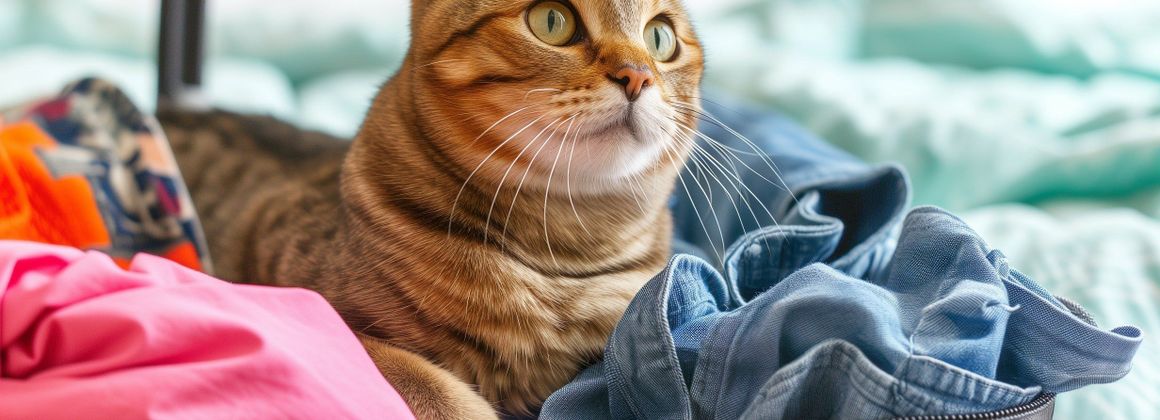 chat assis sur une valise, prêt pour le départ en vacances