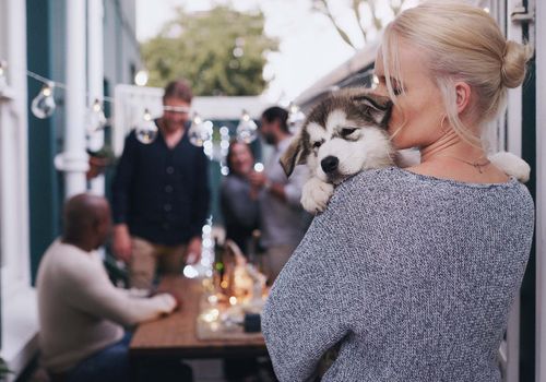 Happy dog enjoying time with a family during a vacation