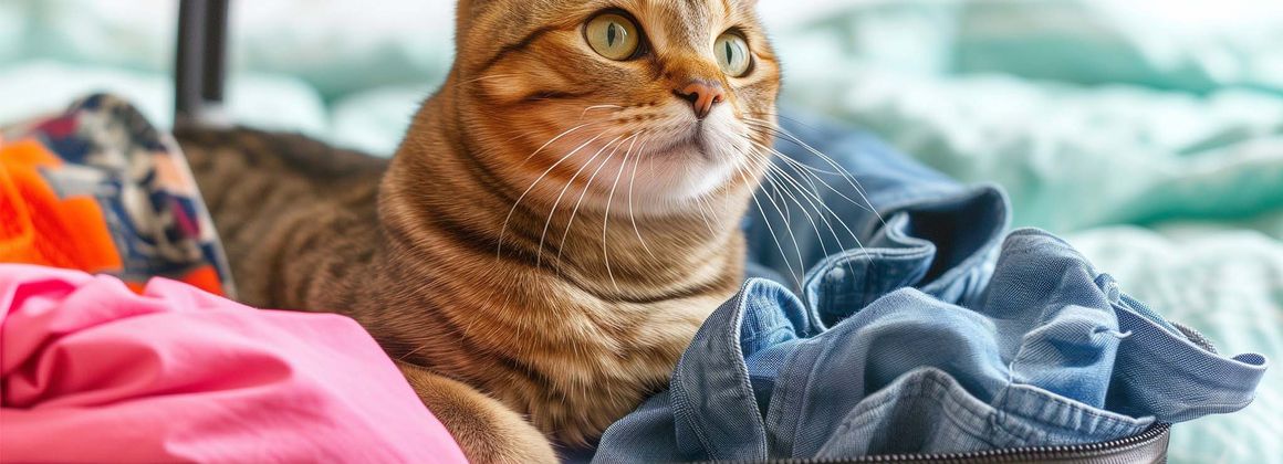 Cat sitting on suitcase, ready to go on vacation